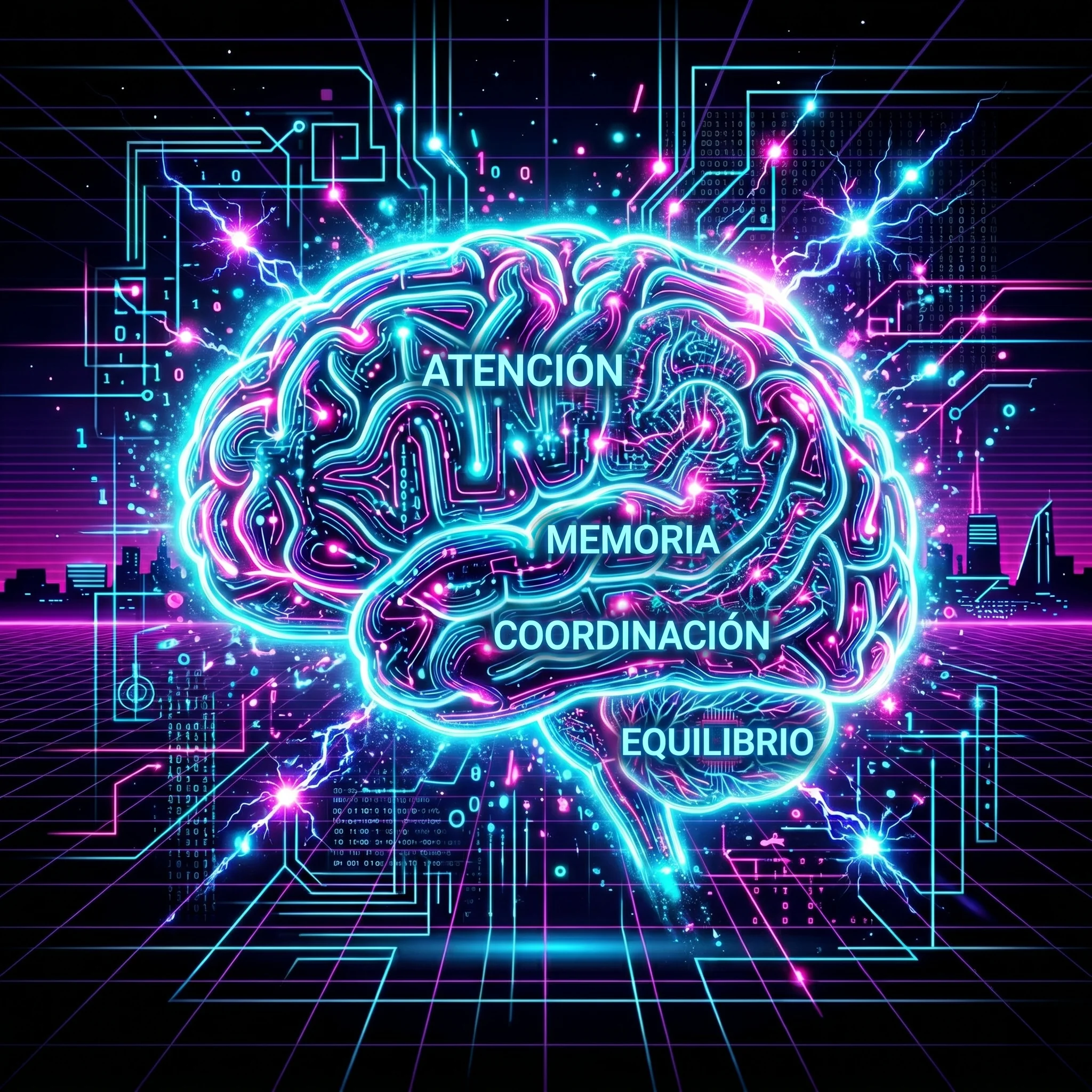 Ilustración de un cerebro humano iluminado por circuitos de neón mientras procesa el ritmo de la música