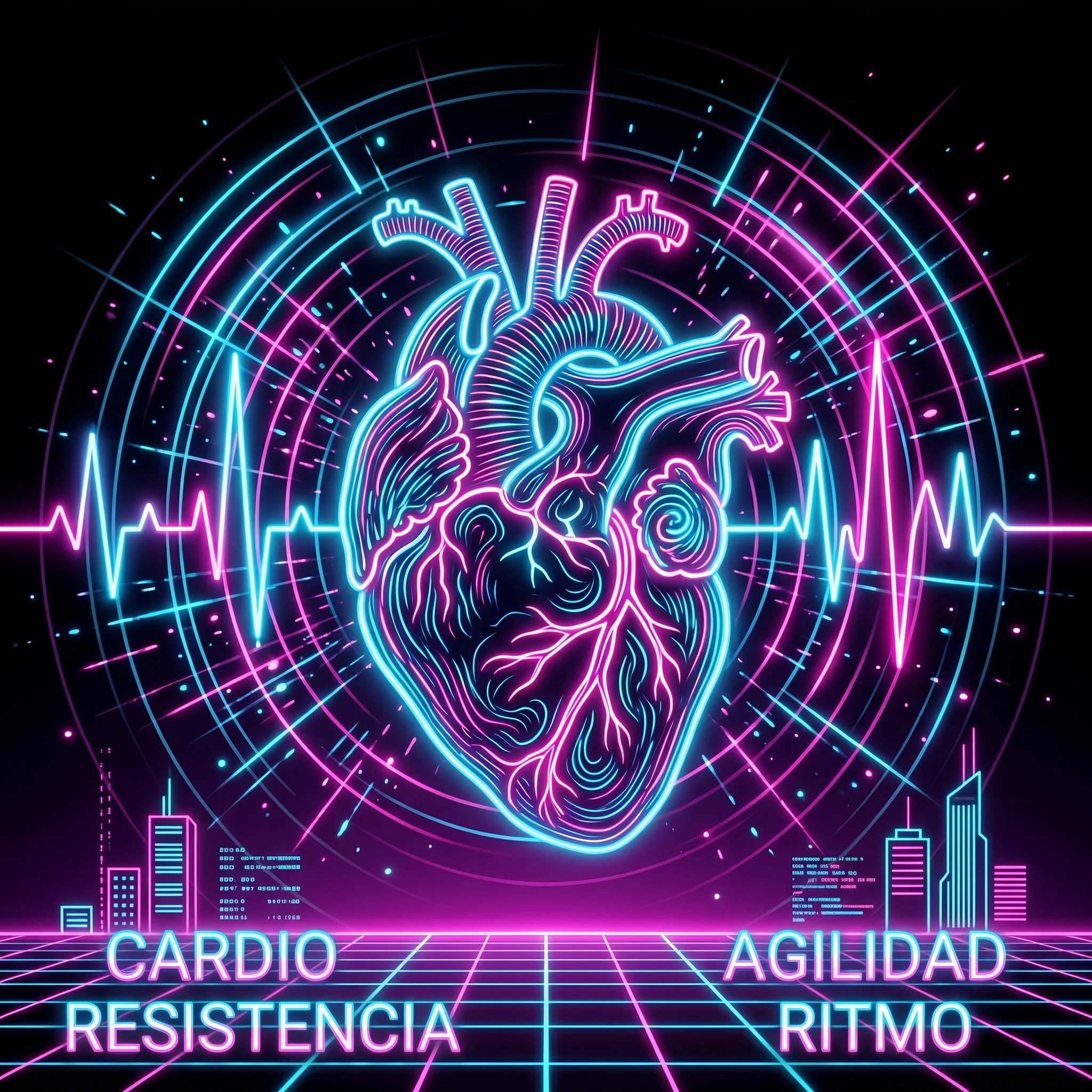 Ilustración de un corazón humano con trazos de neón y latido visible, símbolo del componente cardiovascular del entrenamiento