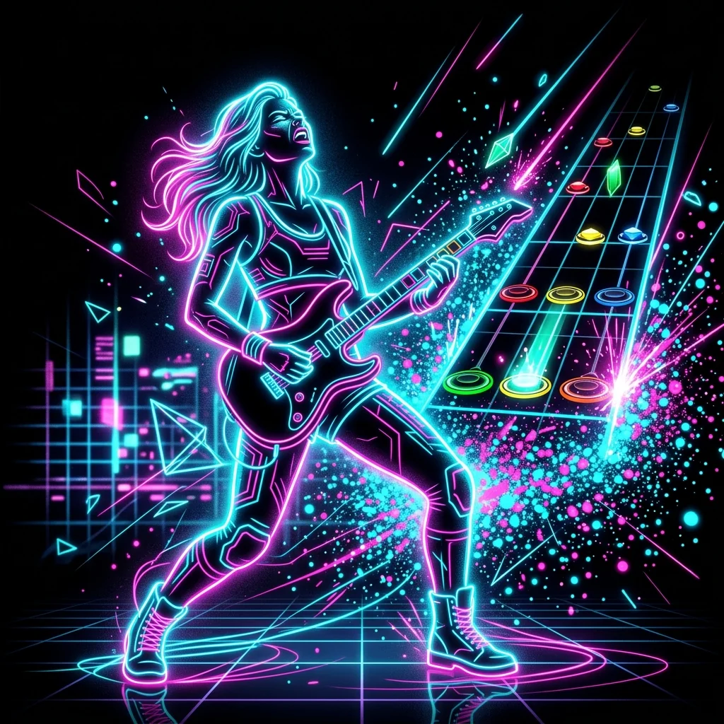 Silueta de neón tocando un controlador de Guitar Hero