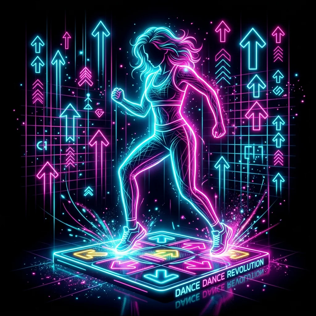 Silueta de neón jugando en una alfombra de baile al ritmo de la música